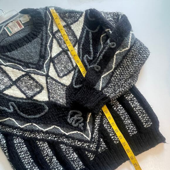 NOVO Vintage 80's Textured Sweater Mens Large Black Gray Cream Chunky 3D VTG - Picture 6 of 6